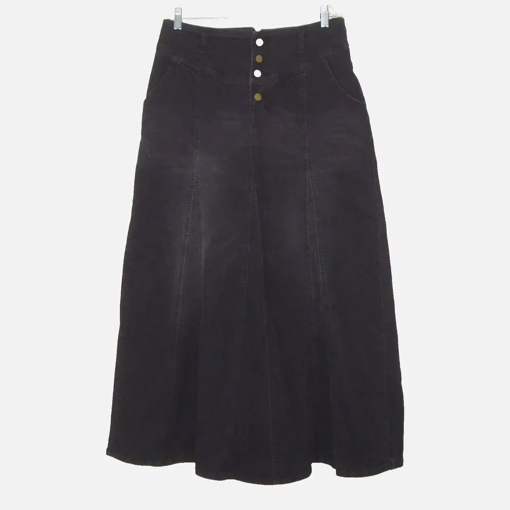 CHARTOU Black Denim Maxi Skirt ButtonFly Size XL Retro A-Line Y2K/90s Distressed